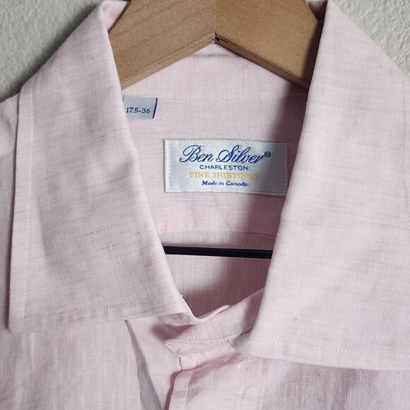 Ben Silver Shirt Mens 17.5-36 Pink Linen Button Down Long Sleeve Dress Pocket - Picture 4 of 10